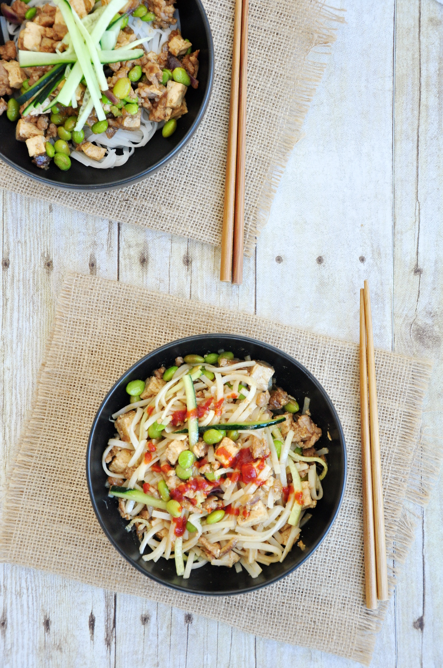 Hoisin noodles topped with a pan-fried sauce mixture featuring ground pork and edamame. It's quick, easy, and comforting.