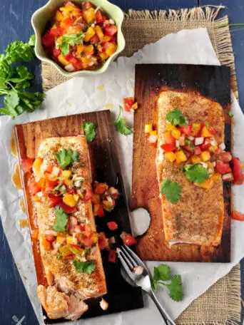 Cedar Plank Salmon with Peach Pico De Gallo