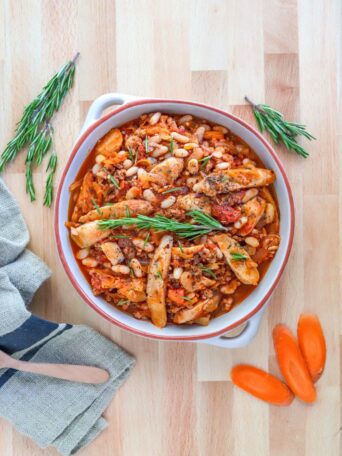 This hearty and comforting sausage and beans stew is easy to make and packed with protein to fuel your day!