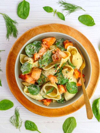 Salmon pasta tossed in a lemon yogurt sauce with loads of fresh herbs and topped with sous vide salmon or smoked salmon. It's a delicious, high-protein meal you can make in 20 minutes.