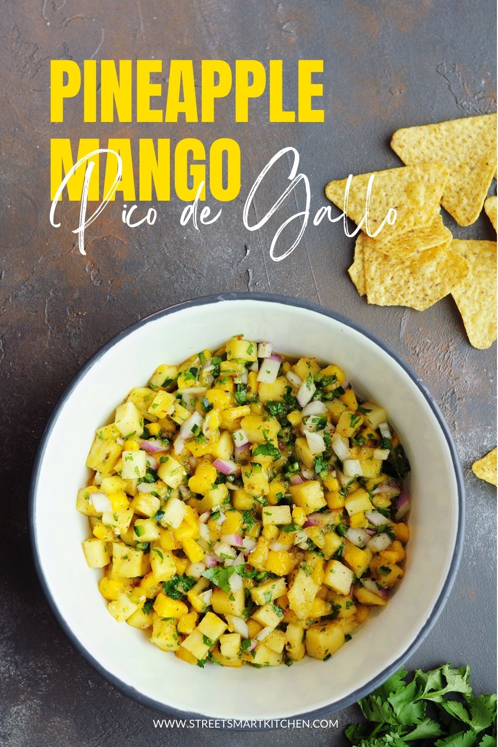 This pineapple mango pico de gallo is so fresh and flavor-packed. Ready in just 10 minutes. Perfect on tacos, with entrees, or with chips.