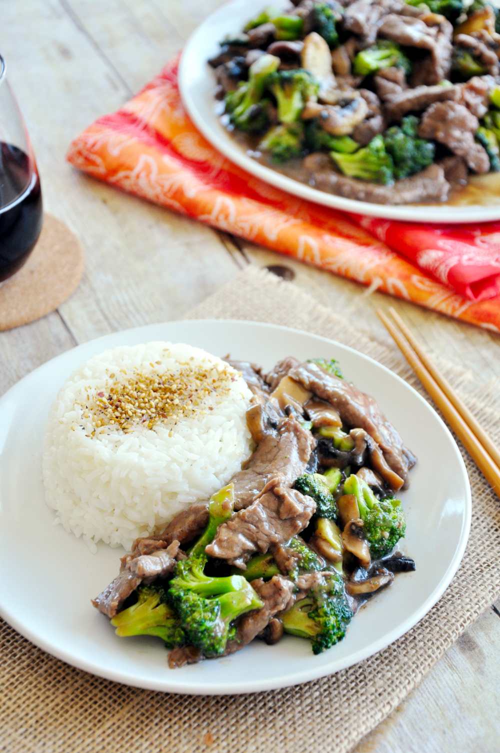 Red Wine Beef Broccoli with Mushrooms served with rice