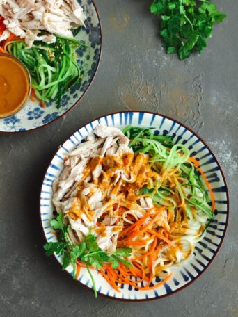 Shanghai cold noodles with shredded chicken and vegetables tossed in creamy, flavorful tahini sauce are ready in 20 minutes.