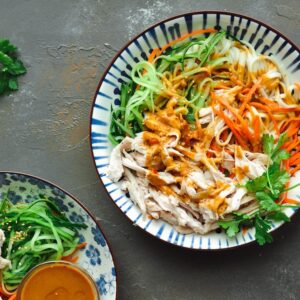 Shanghai cold noodles with shredded chicken and vegetables tossed in creamy, flavorful tahini sauce are ready in 20 minutes.