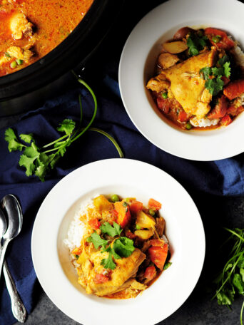 Curry chicken, potatoes, carrots slow cooked in a fried curry sauce simmered in a rich homemade chicken broth and coconut milk.