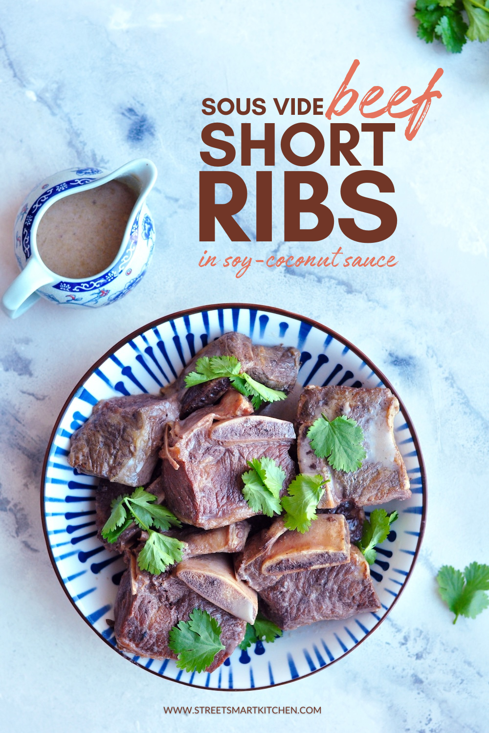 Sous vide beef short ribs slowed cooked in a gluten-free soy-coconut sauce with garlic, star anise, and bay leaves for a unique Asian flavor.