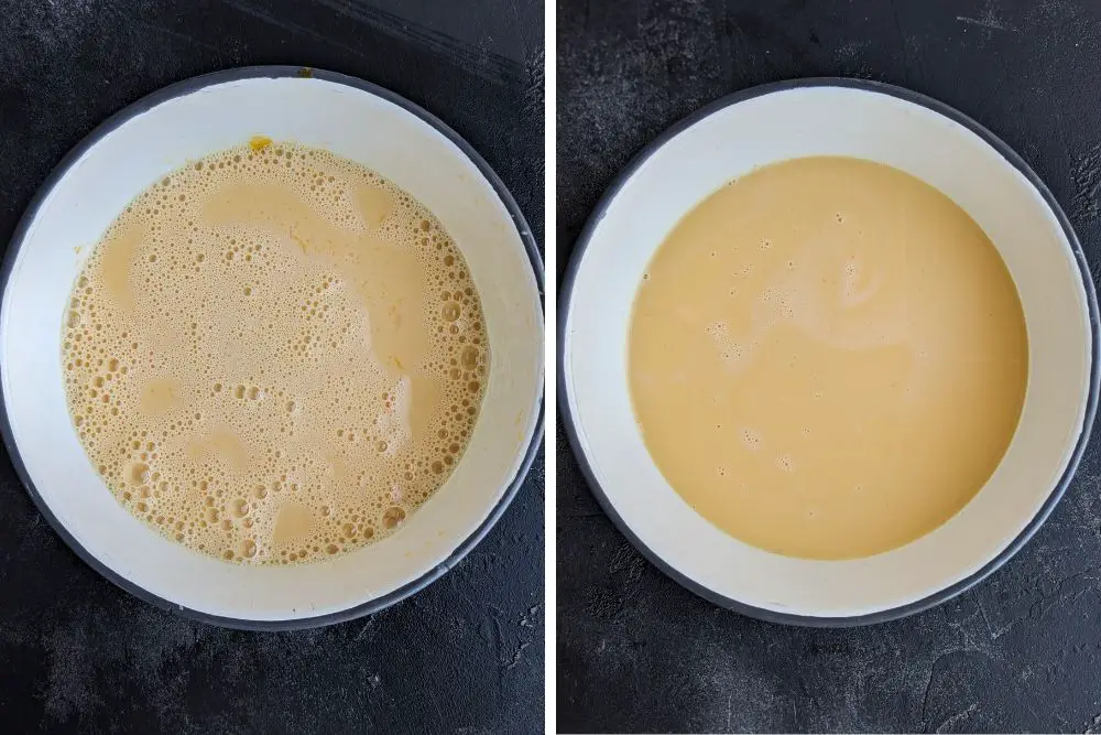 Sous Vide Flan Batter before Straining and after