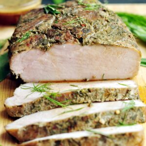 This sous vide pork loin roast in a green garlic-herb marinade is a foolproof way to easily make a restaurant-quality meal at home.