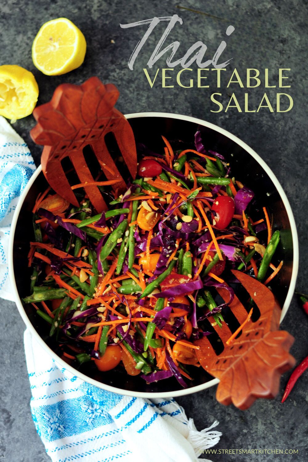 This simple Thai vegetable salad features an authentic Thai flavor with a gentle kick. It’s also gluten-free and vegan.