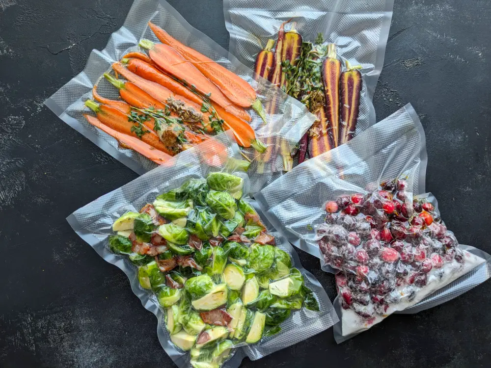 Vacuum-sealed cranberries, Brussels sprouts and carrots